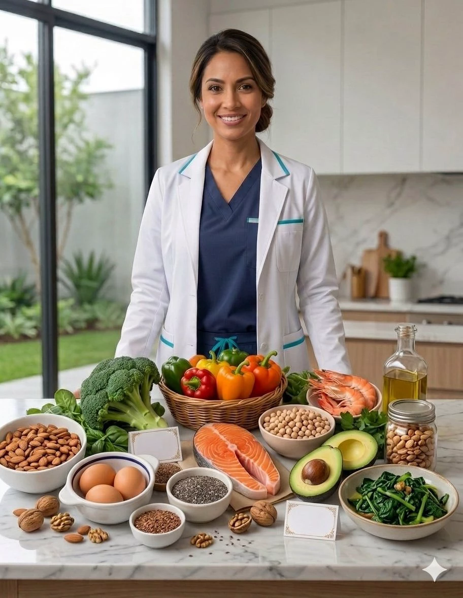 Nutrióloga clínica con alimentos frescos