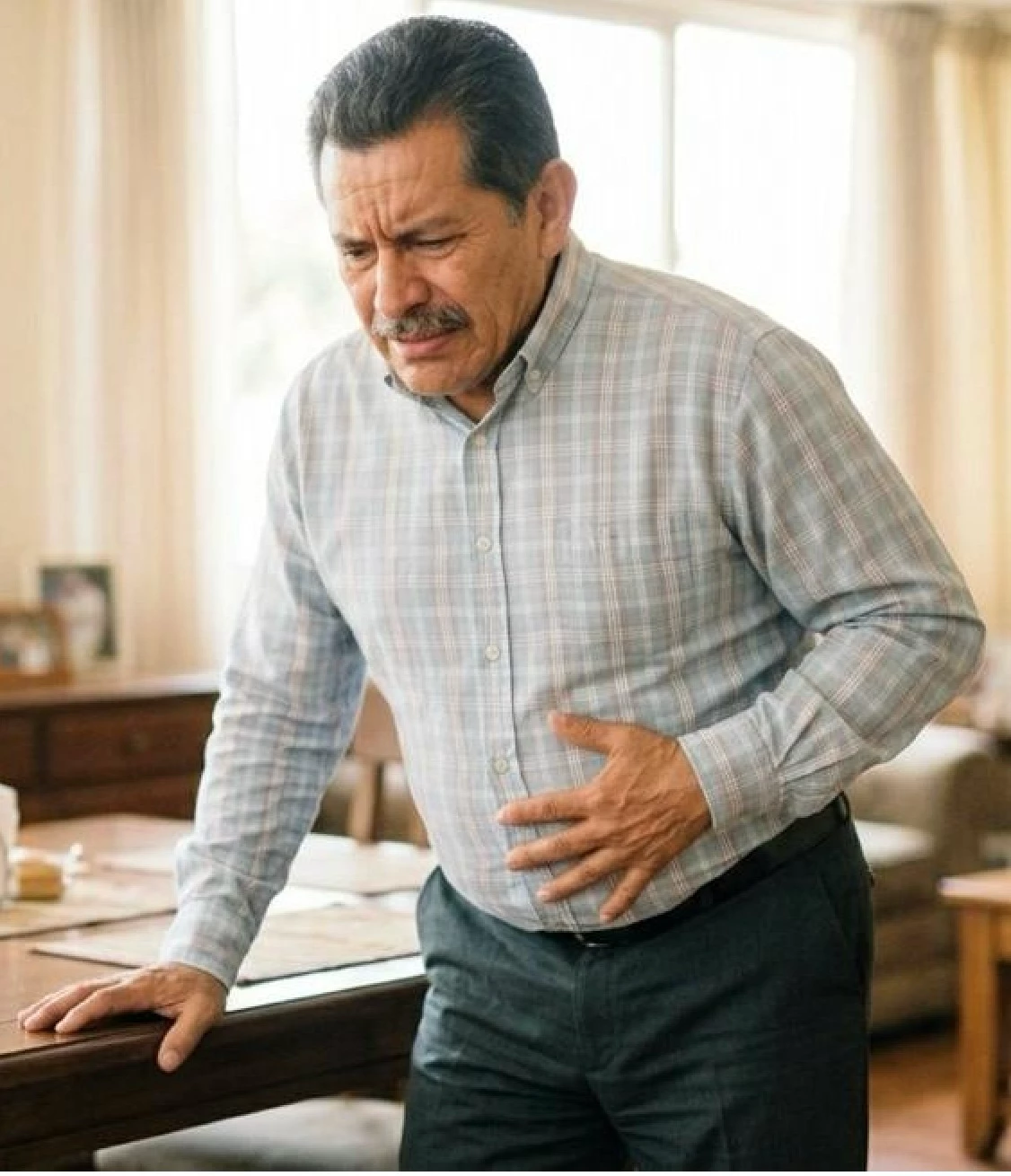 Hombre con molestias estomacales después de comer