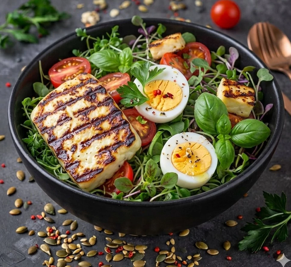 Plato con pollo a la parrilla, verduras y granos